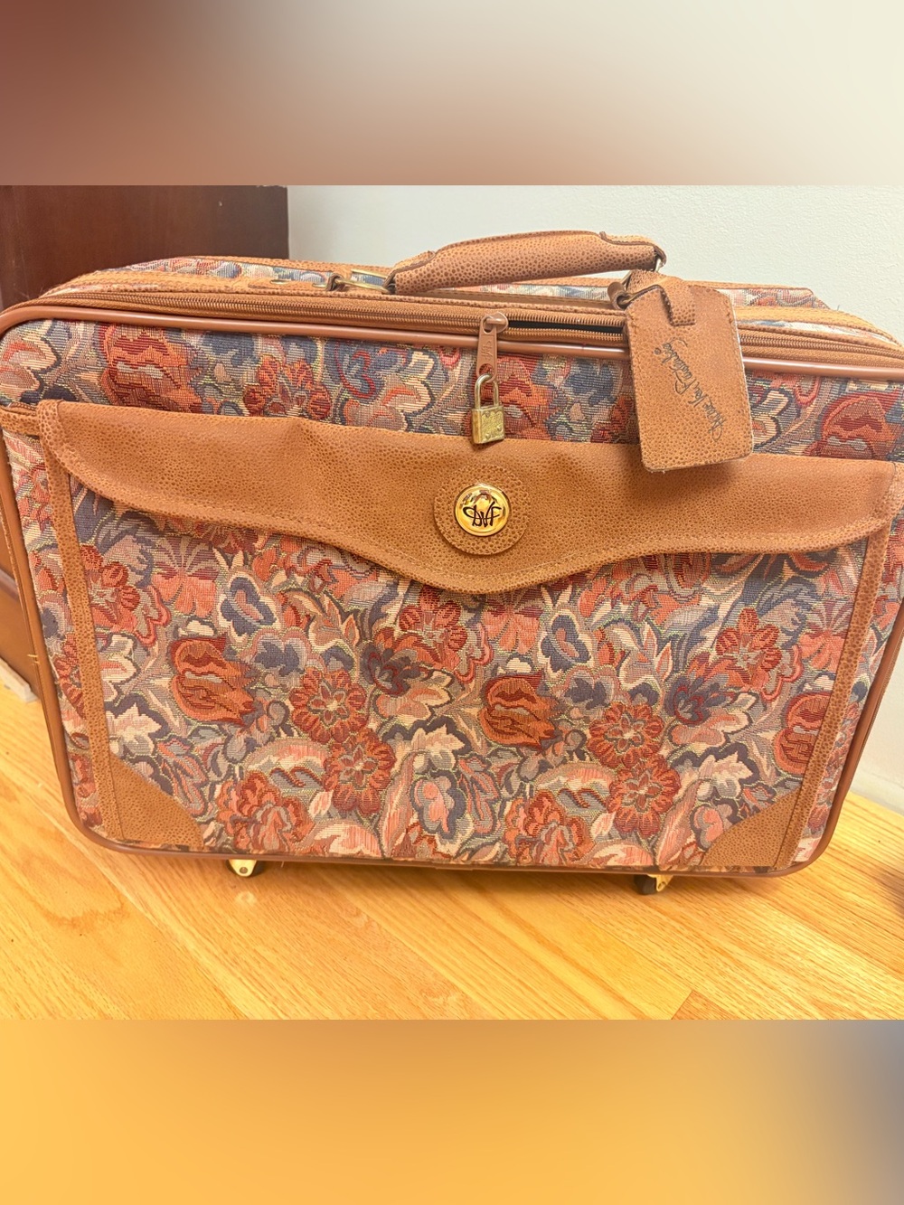 Vintage 80s 90s Diane Von Furstenberg Suitcase Brown Suede Floral Tapestry 18”